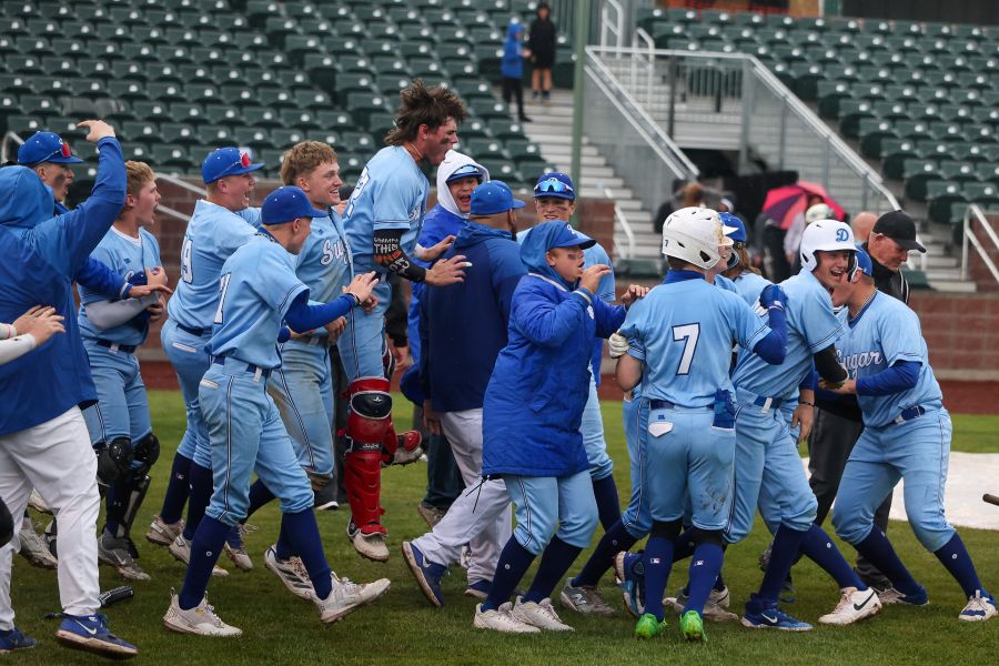Sugar - Salem players run onto the field to celebrate their state championship win over Fruitland at Melaleuc Field. | Courtesy photo.
