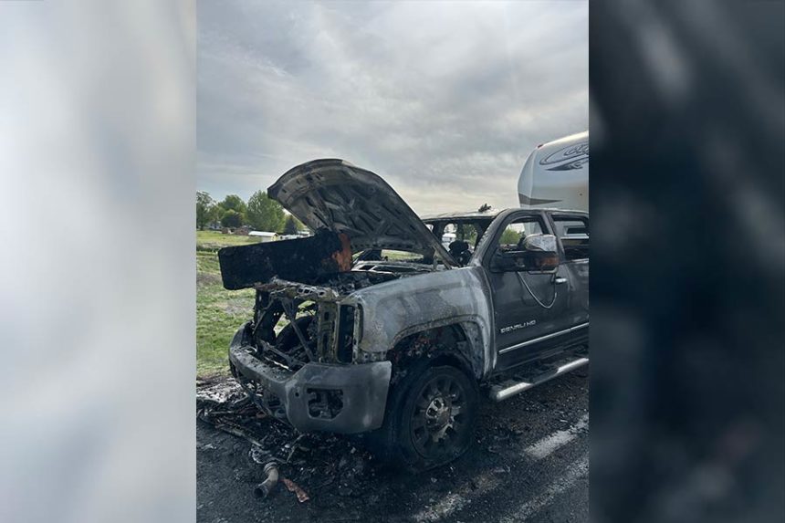 2016 GMC Sierra pickup damaged in vehicle fire near Roberts. | Courtesy Jennifer Fullmer