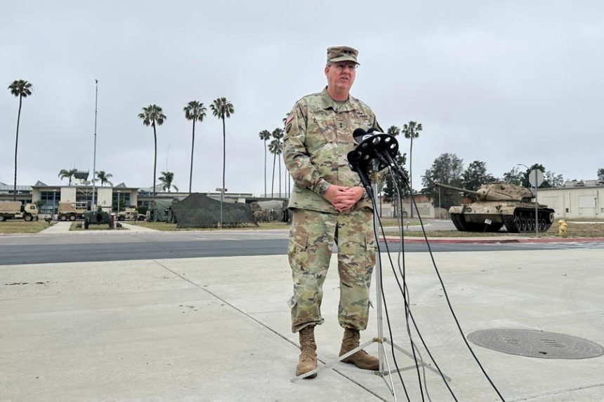 Maj. Gen. Scott Sherman, head of Task Force 51, which is overseeing the deployment of National Guard and Marines to Los Angeles, speaks to reporters Wednesday, June 11, 2025 at the Joint Forces Training Base in Los Alamitos, Calif. | Amy Taxin, Associated Press