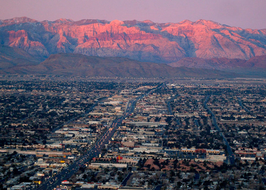 A view of the suburbs of Las Vegas from atop the Stratosphere tower looking west down Sahara Ave., towards the Spring Mountains, Feb. 9, 2005. | Joe Cavaretta, Associated Press
