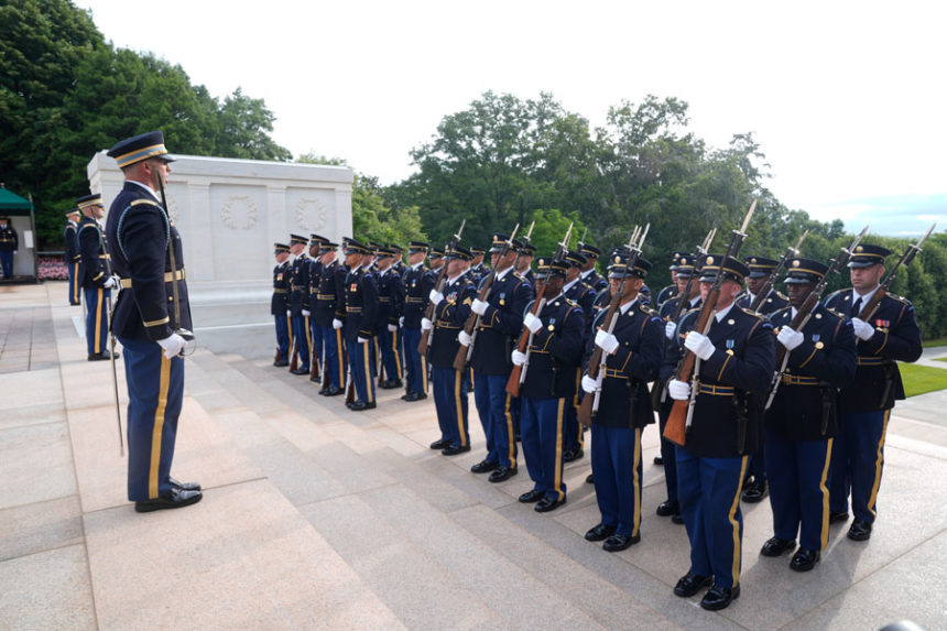 Soldiers prepare ahead of wreath laying ceremony at the Tomb of the Unknown Soldier at Arlington National Cemetery, honoring the Army's 250th anniversary and coinciding with President Donald Trump's 79th birthday, Saturday, June 14, 2025, in Arlington, Va. | Manuel Balce Ceneta, Associated Press