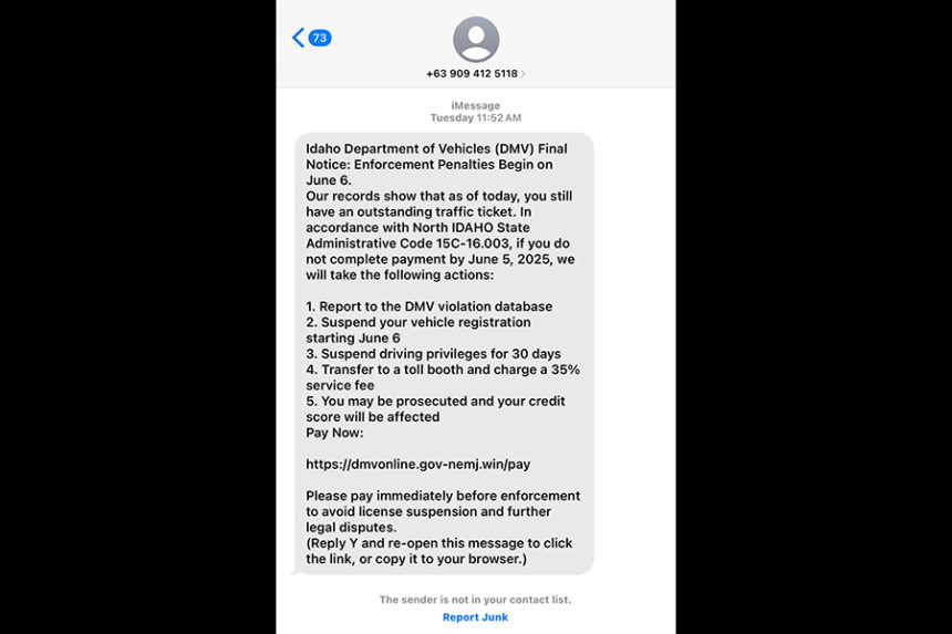 An example of what the DMV text message scam looks like.| Daniel Ramirez, East Idaho News.com