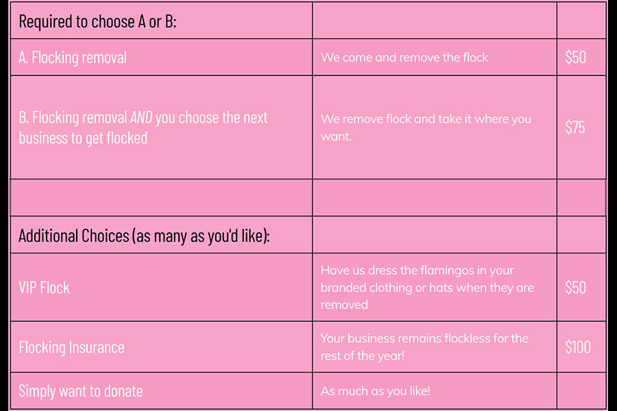 A graph showing the prices to send a group of flamingos to a business and cost to remove them | Courtesy DWI
