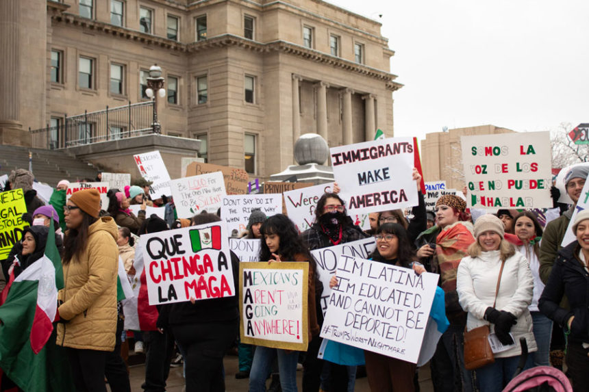 More than 100 people march outside of the Idaho State Capitol in Boise holding Mexican flags and signs protesting President Donald Trump’s immigration policies on Feb. 7, 2025. | Mia Maldonado, Idaho Capital Sun