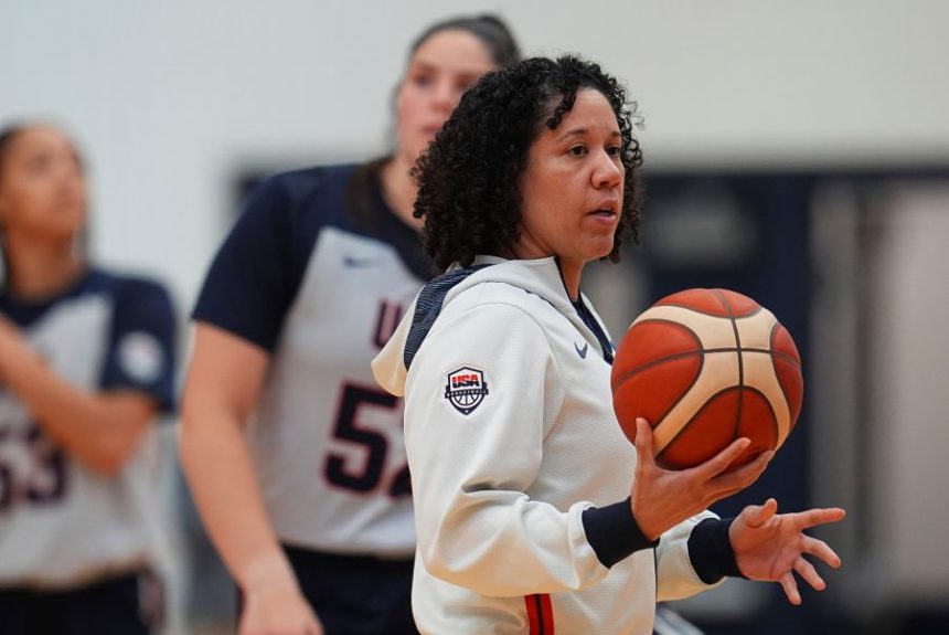 Head coach Kara Lawson directs players during a USA Basketball women's Americup Trials practice Wednesday, June 18, 2025, at the USA Olympic training center in Colorado Springs, Colo. (AP Photo/David Zalubowski)