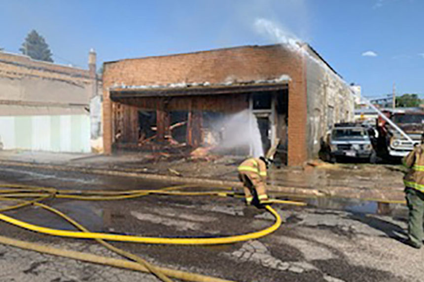 Firefighters battling fire at shed in Bancroft Friday afternoon. | Courtesy Adam Mabey