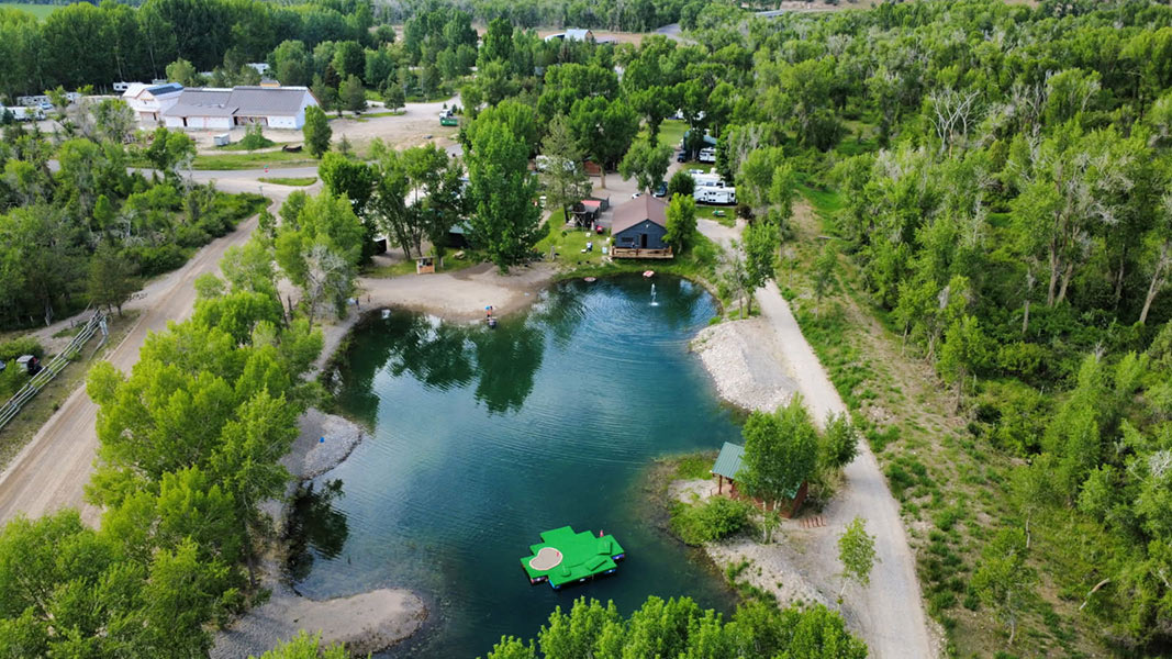 Drone photo of the new floating green at Mountain River Ranch | Courtesy Trent Tyler