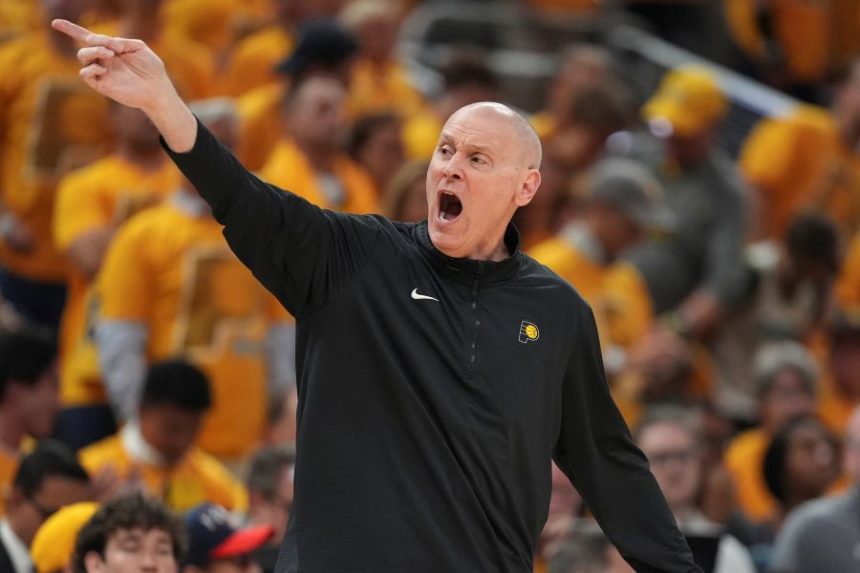 Indiana Pacers head coach Rick Carlisle yells during the first half of Game 4 of the NBA Finals basketball series against the Oklahoma City Thunder, Friday, June 13, 2025, in Indianapolis. (AP Photo/Michael Conroy)