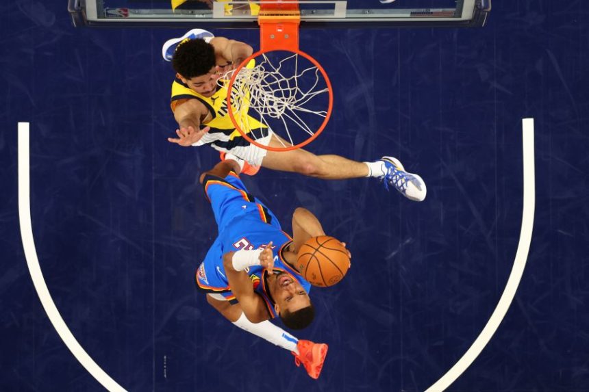 Oklahoma City Thunder guard Aaron Wiggins (21) attempts a shot against Indiana Pacers guard Ben Sheppard (26) during the second half of Game 6 of the NBA Finals basketball series, Thursday, June 19, 2025, in Indianapolis. (Maddie Meyer/Pool Photo via AP)