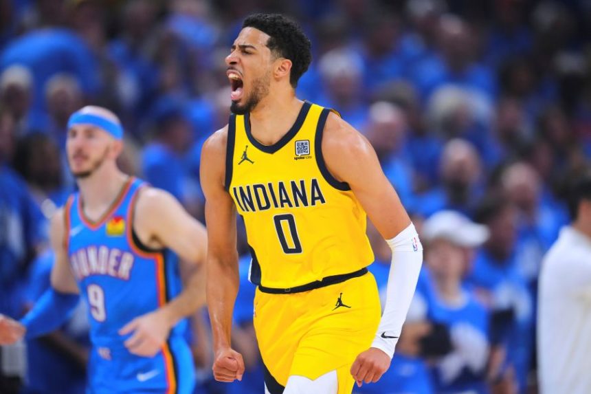Indiana Pacers guard Tyrese Haliburton reacts after scoring during the first half of Game 7 of the NBA Finals basketball series against the Oklahoma City Thunder Sunday, June 22, 2025, in Oklahoma City. (AP Photo/Julio Cortez)