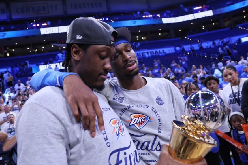 Oklahoma City Thunder forward Jalen Williams (8), left, and guard Shai Gilgeous-Alexander (2) stand on the court after Game 5 of the Western Conference finals of the NBA basketball playoffs against the Minnesota Timberwolves, Wednesday, May 28, 2025, in Oklahoma City. (AP Photo/Nate Billings)
