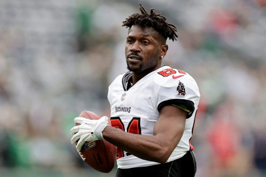 FILE - Tampa Bay Buccaneers wide receiver Antonio Brown (81) walks on the field during an NFL football game against the New York Jets, Sunday, Jan. 2, 2022, in East Rutherford, N.J. (AP Photo/Adam Hunger, File)