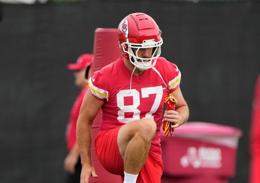 Kansas City Chiefs tight end Travis Kelce stretches during the team’s practice Tuesday in Kansas City, Mo. | Charlie Riedel, Associated Press.