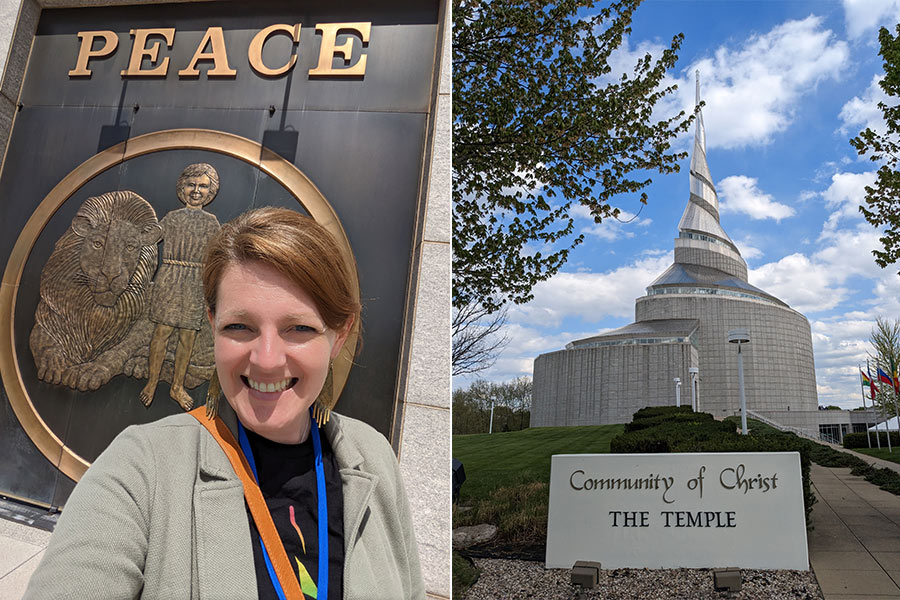 Michelle Phillips, left, at the doors of the Community of Christ temple in Independence, Missouri | Courtesy Michelle Phillips