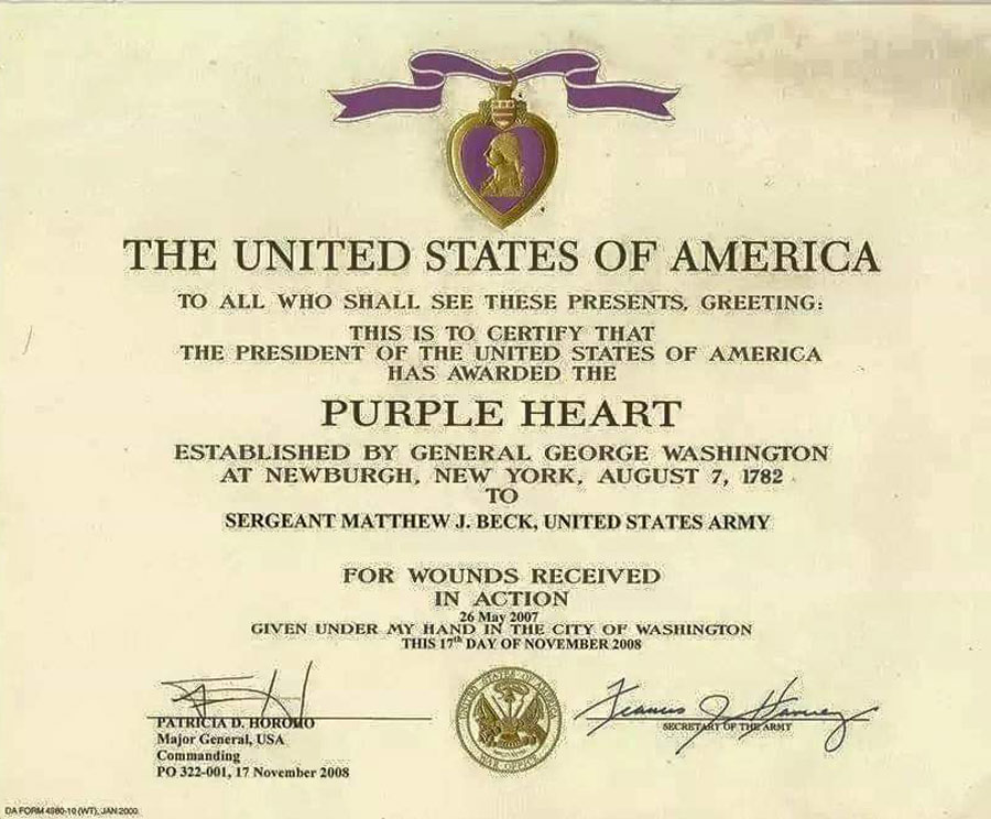 Matt Beck's Purple Heart award. | Courtesy photo