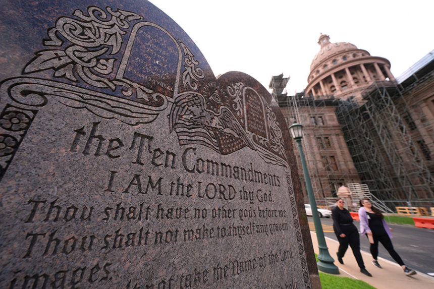 A granite Ten Commandments monument stands on the ground of the Texas Capitol, Thursday, May 29, 2025, in Austin, Texas. (AP Photo/Eric Gay)