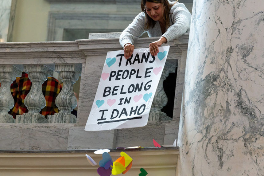 Demonstrators protesting anti-LGBTQ+ legislation in Idaho Capitol