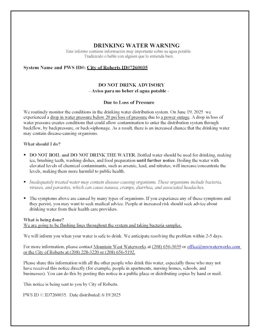 Roberts water alert