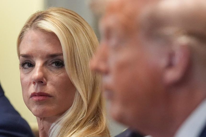 Attorney General Pam Bondi, left, listens as President Donald Trump, right, speaks during a cabinet meeting at the White House, Tuesday, July 8, 2025, in Washington. | Evan Vucci, Associated Press