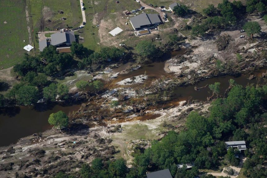 Damage is seen next to the Guadalupe River on Tuesday, July 8, 2025, after a flash flood swept through the area near Ingram, Texas. (AP Photo/Ashley Landis)