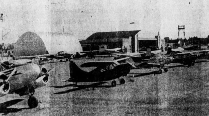 A panoramic view of Burley Airport presents idea of the many light aircraft which are stationed here permanently. Popularity of small plane flying -- both for recreation and business -- is increasing in the Burley-Rupert area. Caption dated July 23, 1959.