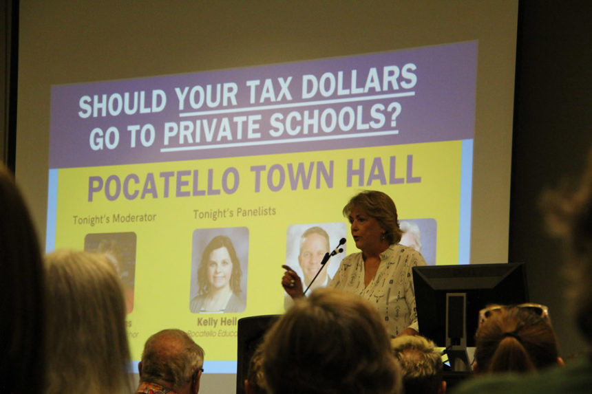 Karole Honas moderating the Save Our Schools Pocatello town hall. | Logan Ramsey, EastIdahoNews.com