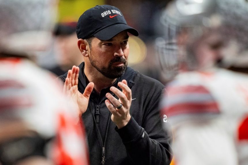 FILE - Ohio State head coach Ryan Day looks on before the College Football Playoff national championship game against Notre Dame, Jan. 20, 2025, in Atlanta. (AP Photo/Jacob Kupferman, File)