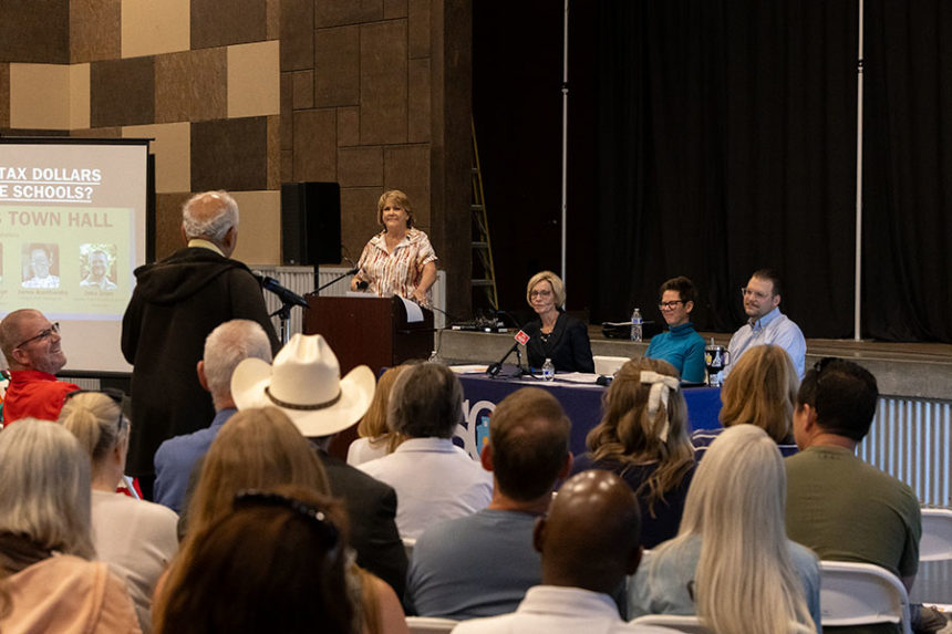 A community member asking a question during the Save Our Schools Idaho Townhall Tuesday evening | Daniel V. Ramirez, EastIdahoNews.com