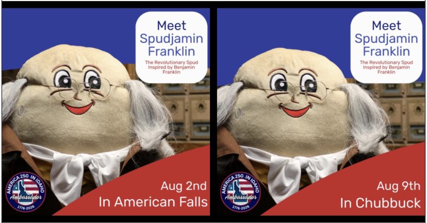 Idaho State Treasurer Julie Ellsworth reimagined the classic Idaho Spuddy Buddy mascot as “Spudjamin Franklin.” | Courtesy Idaho State Treasurer’s Office