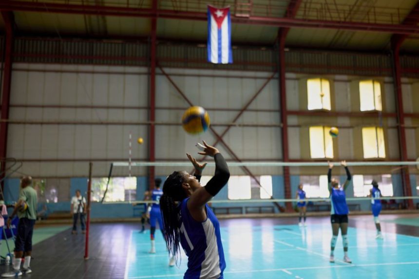 The Cuban women's national volleyball team trains in Havana, Cuba, Monday, June 30, 2025. (AP Photo/Ramon Espinosa)