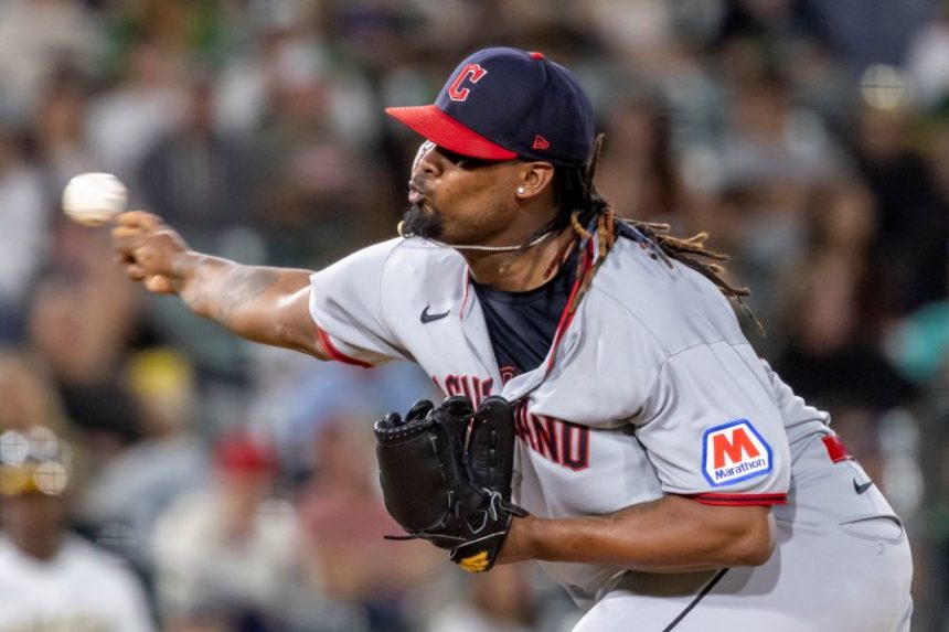Cleveland Guardians pitcher Luis L. Ortiz throws tot he Athletics during the seventh inning of a baseball game Saturday, June 21, 2025, in West Sacramento, Calif. (AP Photo/Sara Nevis)