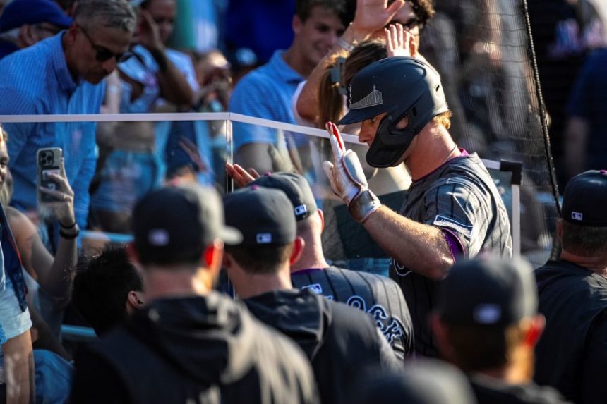 New York Mets' Pete Alonso, right, celebrates his three-run home run in the Mets' dugout during the seventh inning of a baseball game against the New York Yankees, Saturday, July 5, 2025, in New York. (AP Photo/Angelina Katsanis)