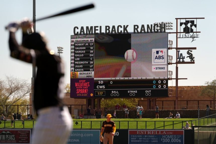 FILE - The Automated Ball-Strike System plays on the scoreboard after a pitch call was challenged during the first inning of a spring training baseball game between the Chicago White Sox and the San Diego Padres, Feb. 26, 2025, in Phoenix. (AP Photo/Carolyn Kaster, File)