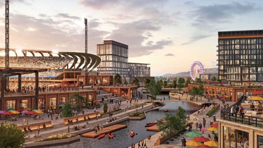 A rendering of what a potential Major League Baseball stadium and and neighborhood around it could look like. (Photo: Larry H. Miller Company via KSL.com.