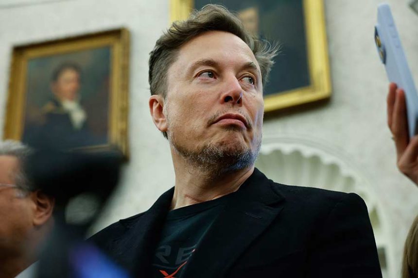 Elon Musk listens during a press availability in the Oval Office at the White House on May 21 in Washington, DC. Musk said July 5 he is forming a third political party, after a dramatic falling out with Donald Trump, indicating he will make good on threats he made if the president’s domestic policy bill became law. Mandatory Credit: Chip Somodevilla/Getty Images via CNN Newsource