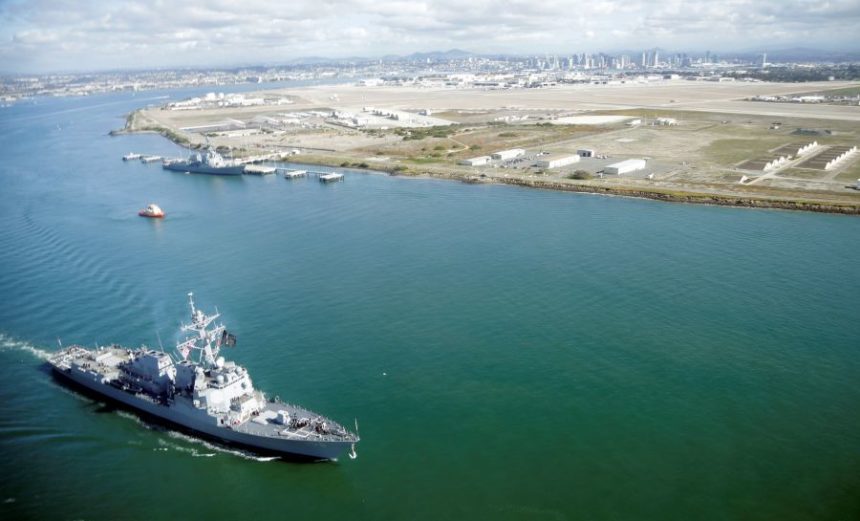 FILE - The guided-missile destroyer USS Stockdale leaves Naval Base Coronado Wednesday, Jan. 20, 2016, in Coronado, Calif. (AP Photo/Gregory Bull, File)
