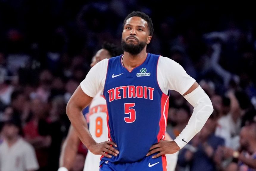 FILE - Detroit Pistons guard Malik Beasley reacts during the second half of Game 1 in an NBA basketball first-round playoff series against the New York Knicks, April 19, 2025, in New York. (AP Photo/Julia Demaree Nikhinson, file)