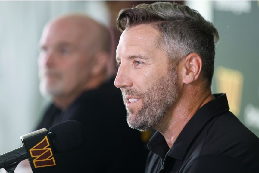 Washington Commanders general manager Adam Peters speaks during a news conference at the NFL football team's training camp in Ashburn, Va., Tuesday, July 22, 2025. (AP Photo/Luis M. Alvarez)