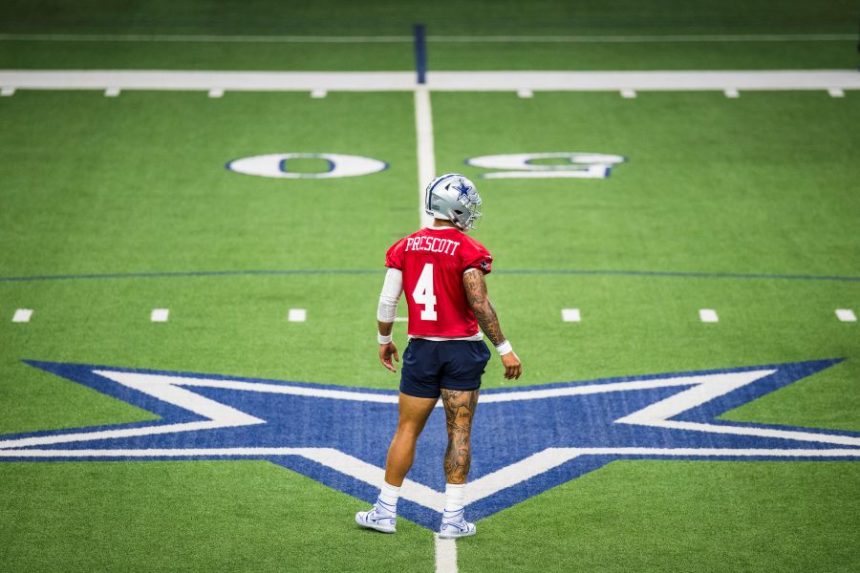 FILE - Dallas Cowboys' Dak Prescott looks towards teammates during practice at NFL football minicamp at the Cowboys' facility, June 11, 2025, in Frisco, Texas. (AP Photo/Jessica Tobias, file)