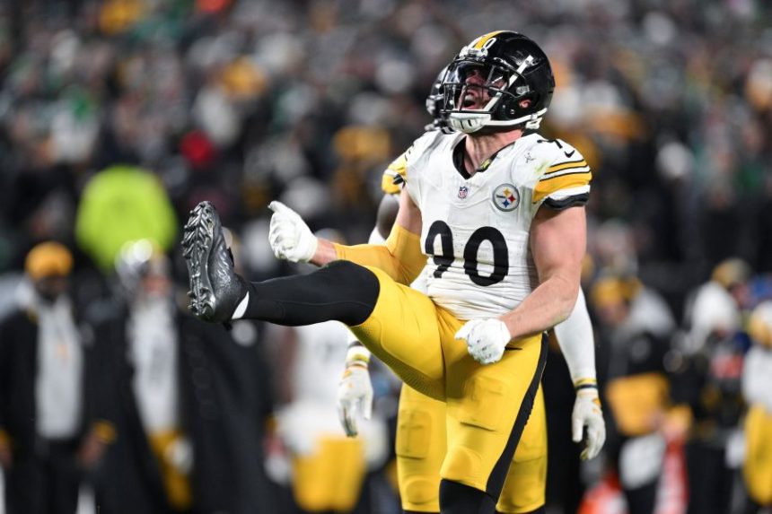 FILE - Pittsburgh Steelers linebacker T.J. Watt (90) celebrates his sack during the first half of an NFL football game against the Philadelphia Eagles, Sunday, Dec. 15, 2024, in Philadelphia. (AP Photo/Terrance Williams, File)