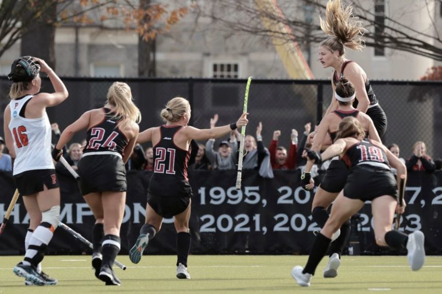 FILE - St. Joseph's University players Celeste Smits (11) leaps in the air after scoring her team's only goal of the game during the second round of the 2024 NCAA Division I Field Hockey Championship between Princeton and St. Joseph's University at St. Joseph's University in Marion Station, Pa. on Sunday, Nov. 17, 2024. (Elizabeth Robertson/The Philadelphia Inquirer via AP, file)