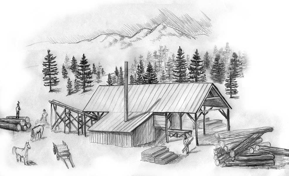 This sketch (drawn by Greg Housley) is of the saw mill Rigby began in Beaver Canyon (near Spencer, Idaho). In 1883 Rigby moved the mill to Rexburg (located near the bottom of Mill Hollow Drive.) | Courtesy Beverly Boyle