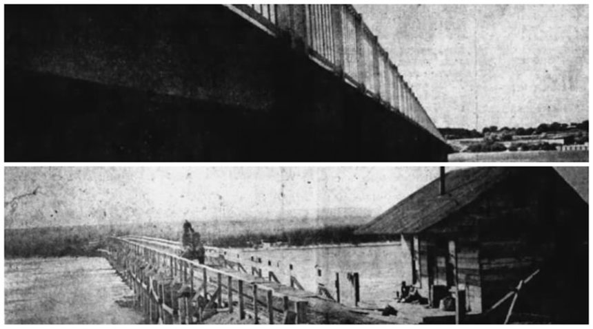 Twenty cents was the toll to cross the Snake River bridge in the old days, below. The wooden bridge, which began its service nearly a half century ago when the buggies and horses were the main means of transportation, has given way to the modern 1,310 span above. Dedication of the new bridge will take place Sunday at 2 p.m. Caption dated Aug. 11, 1955.