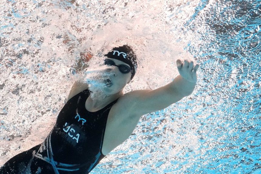 Katie Ledecky of the United States competes in the women's 1500m freestyle final at the World Aquatics Championships in Singapore, Tuesday, July 29, 2025. (AP Photo/Lee Jin-man)