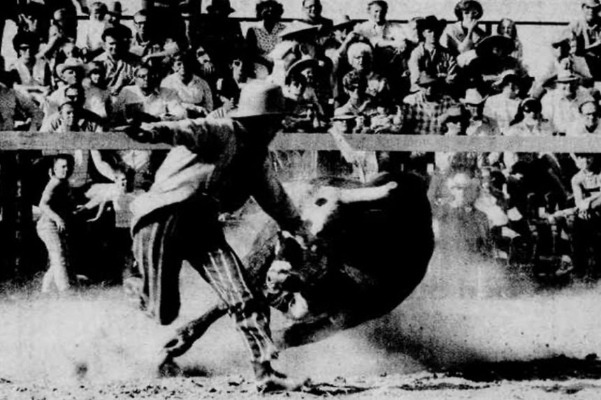 The rodeo clown has the dangerous job at diverting fierce bulls away from downed cowboys during the bull riding competition. Shown here is Mickey Bagnell, of Spokane, Washington, who will be a nightly attraction at the War Bonnet Roundup, on tap Wednesday through Saturday at 8 p.m. at Sandy Downs Arena. Clown and novelty acts are just a sidelight to the tough western-style competition, featuring 200 professional cowboys. Caption dated Aug. 10, 1977.