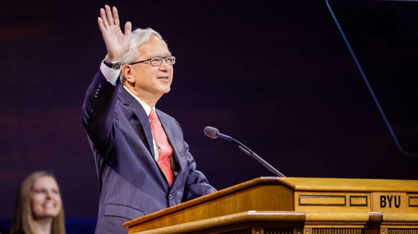 Elder Gerrit W. Gong of the Quorum of the Twelve Apostles speaks at the Brigham Young University devotional during BYU Education Week on Tuesday.