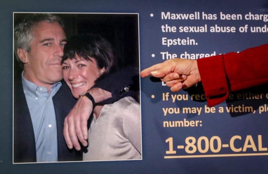 Audrey Strauss, acting U.S. attorney for the Southern District of New York, points to a photo of Jeffrey Epstein and Ghislaine Maxwell, during a news conference in New York on July 2, 2020. | John Minchillo, Associated Press