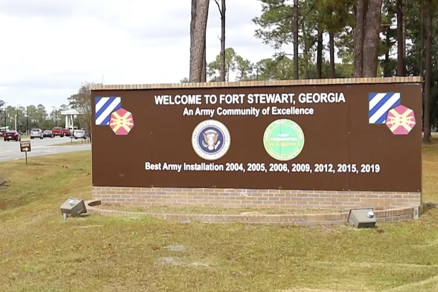 This image from video provided by the U.S. Army via DVIDS shows the entrance to Fort Stewart in Georgia on Nov. 18, 2021. (Staff Sgt. Daniel Guerrero/U.S. Army via AP)