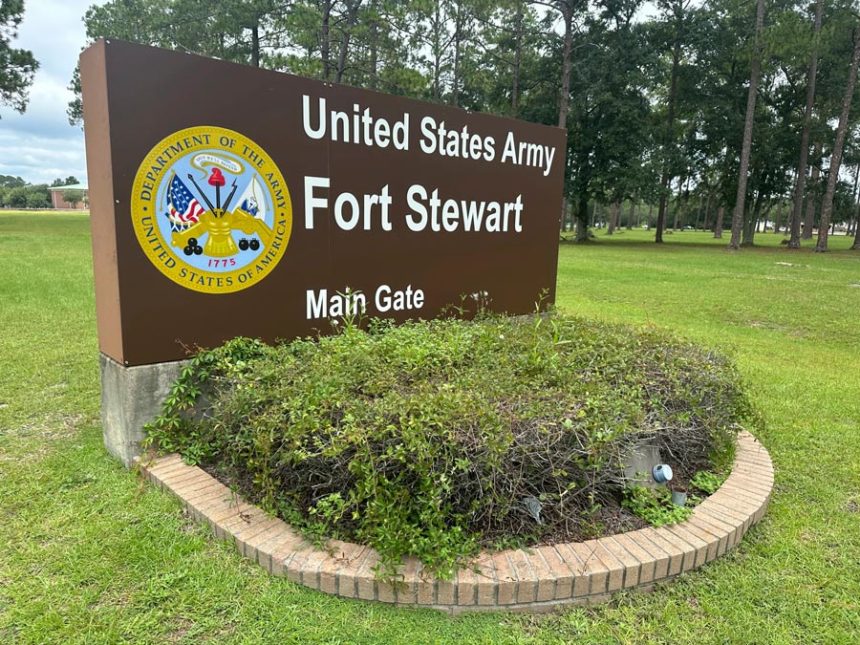 A sign outside the main gate of Fort Stewart, Georgia, is shown on Wednesday, Aug. 6, 2025. | Russ Bynum, Associated Press