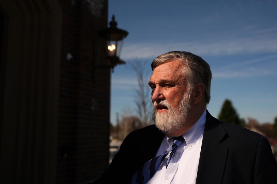 Pastor Doug Wilson stands for a portrait after Sunday services at the new campus for Christ Church and its Logos School, Sunday, April 6, 2025, in Moscow, Idaho. (AP Photo/Lindsey Wasson)